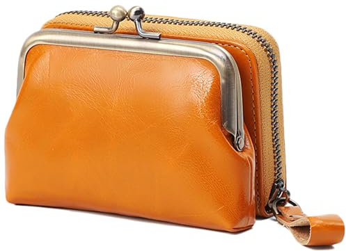 Karoukee Kleine Echtleder-Geldbörse für Frauen, Abtrennbare Kiss-Lock Münzbörse, Zip-Around RFID-Blockierung Kreditkarteninhaber, Elegantes Portemonnaie für Damen