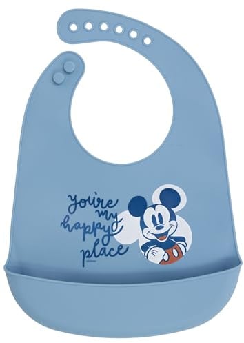 STOR Babero de Silicona Mickey Mouse Disney Baby - Flexible Impermeable con Recogemigas - Ajustable para Bebés y Niños - Fácil Limpieza