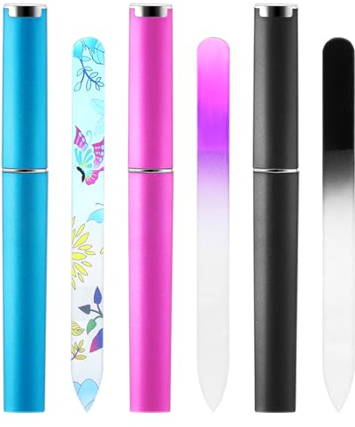 PEOVLVN 3 Pack Glass Nail Files for Natural Nails, Glass Nail File with Case Crystal Nail File Professional Manicure Nail Care Fingernail Files for Women Stocking Stuffers Valentine's Day Gifts