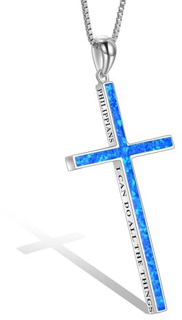 POPLYKE Opal Kreuz Halskette Damen Männer 925 Sterling Silber Philippians 4:13 Ich kann alle Dinge inspirierende Schmuck für Männer 20+2''