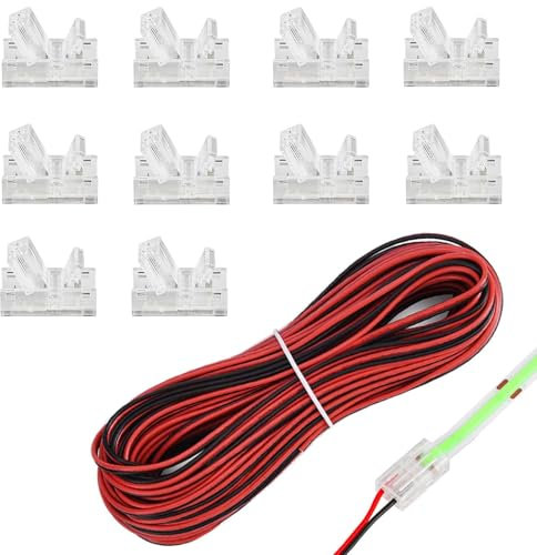 10 PCS 2 Pin 8mm COB LED Strip Connectors Soldless with 16.4ft Extension Cable 22 AWG Stable Connection Wire Connectors Adapter for Waterproof LED Strip Lights for LED Strip Wire Quick Connection