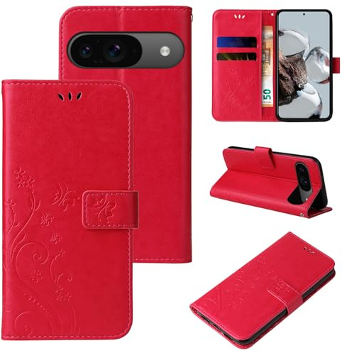 LBH Handy Hülle für Google Pixel 9/9 Pro Case Handytasche Schmetterling Blumen Flower Standfunktion Schutzhülle Magnet Rundum Schutz 360 Grad Flipcase Cover Rot