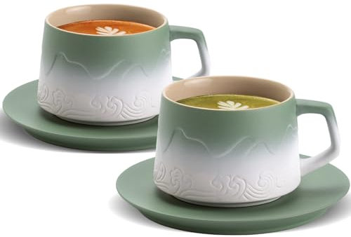 ZENS Cappuccino Cups and Saucers Set of 2, 240 ml Gradient Ceramic Cappuccino Mug for Au Lait, Moss Green Artistic Embossed Cappuccino Coffee Cups for Latte Art, Cafe Mocha or Tea, Baristas Gifts