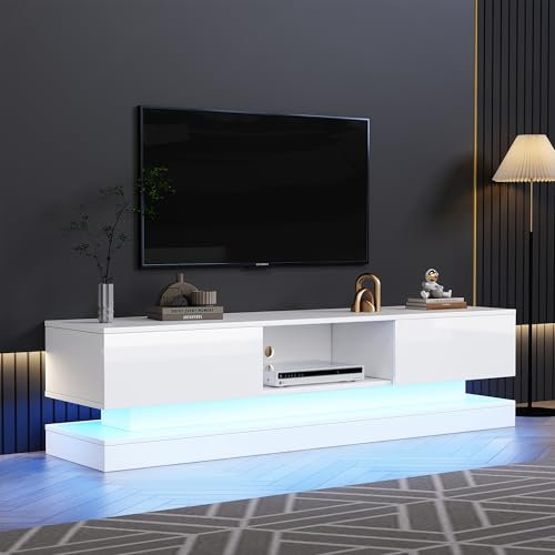 Merax High Gloss TV Stand with LED Lights – White TV Cabinet with 2 Drawers, 1 Open Storage Space, for 70-79 Inch TVs, Ideal for Living Room 160x35x40.5 cm