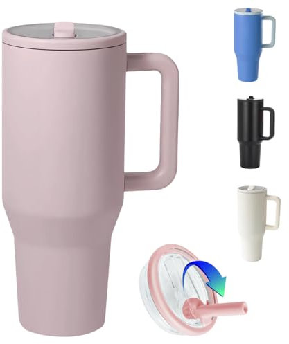 ZHUIYIWIN 30oz Tumbler with Folding Straw and Handle, Water Bottle Coffee Cup Travel Mug for Cold or Hot Drinks, Double Wall Stainless Steel Vacuum Insulated Tumbler with Rubber Bottom, Pink