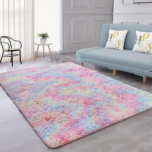 Shaggy Hochflor Teppich, Wohnzimmer Carpet - Anti-Rutsch Unterseite Soft Area Rug Fellteppich, für Küche oder Kinderzimmer, Schlafzimmer, Bettvorleger Flur Bodenmatte Regenbogenfarben (120 * 160cm)