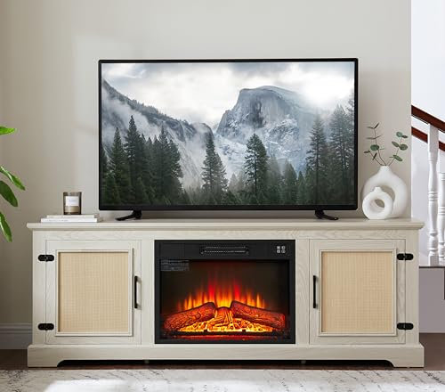 Chimeneas , Gabinete con puerta de ratán natural con estante ajustable Soporte for TV de ratán de granja de madera Mesa consola for televisores de hasta 70 pulgadas Soporte for TV de almacenamiento co