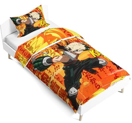 Lzrong MHA Bettwäsche Midoriya Izuku 2-Teilig Set, Anime Bettbezug Kissenbezug Uraraka Ochako Figur Bedruckt Bakugō Katsuki Bettwäsche Weiche Single Bettwäsche mit Reißverschluss 135 x 200CM