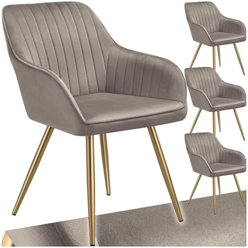 tectake® Esszimmerstuhl, gesteppter Samtstoff Stuhl, mit Armlehnen, als Essgruppe, Küchenstühle modern, gemütlicher Sessel Wohnzimmer, Dining Lounge, Schminktisch Stuhl- Taupe/Gold, 4er Set