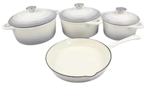 MY HOMIE Enamel Cast Iron Dutch Oven and Saucepan Set with 7 pcs Non Stick Pans Set, 3 Small Medium Large Dutch Ovens with Lid and 1 Sauce Pan, Gas Induction Cooker Compatible Cookware - Beige Grey