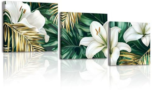 Piy Painting Art Mural Sur Toile Nature, Tableau Sur Toile De Fleurs De Lys Verdâtres, Impression Blanc Vert, Facile à Accrocher Pour Salon Bureau Salle Bains, 3 Panneaux 30x30cm/90x30 cm