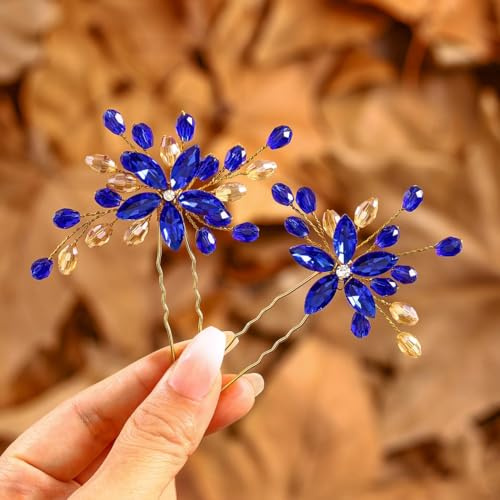 IYOU Femmes Mariage Épingles à Cheveux Fleur Bleu Royal Pièce à Cheveux Étincelante Cristal Baroque Demoiselle D'honneur Accessoires de Cheveux pour Mariée Invitée (Paquet de 2)
