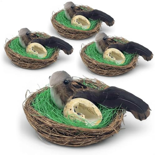 com-four® 4X Osternest mit Sperling und echtem Ei - Mini-Vogelnest mit geschlüpftem Küken-Look - Deko für Frühling und Ostern (4 Stück - Nest mit geschlüpftem Vogel)