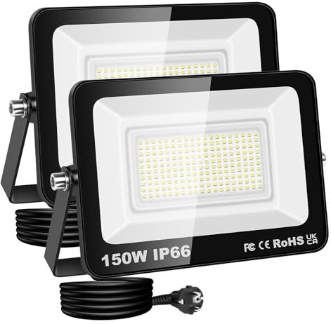 RIGIDON Focos Led Exterior & Interior con Enchufe, 2x 150W 15000 LM Foco de Luz, Proyector LED para Jardín Patio Plaza Garaje Terraza Estadio Trabajo, IP66 Impermeable 6000K Blanco Frío Iluminacion