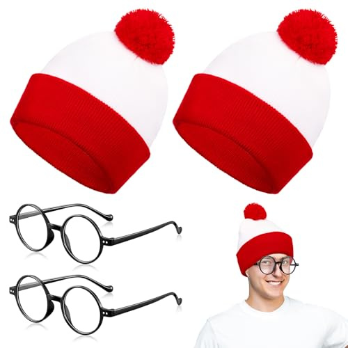 BBTO Karnevalszubehör Rot Weiß Bommelmütze & Retro Runde Brillen Nerdbrille für Kostüm Halloween Karneval Cosplay Party Accessoires