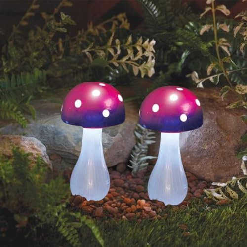 Garden Mile 2pc Solar LED Mushroom Lights Outdoor Lighting Set of 2 Toadstool Lamps for Garden Autumn Decor for Outdoors Light Up Autumn Decor for Garden Purple Fairy Toadstools