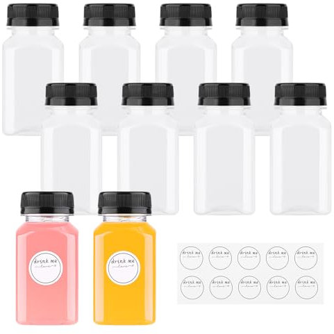 Yukaiwn Juice Bottles, 10Pcs Plastic Juice Bottles with Lids, 150ML Reusable Shot Lids Mini Fridge Drink Containers with Stickers for Smoothies Milk Water and Other Beverages (Black cover)