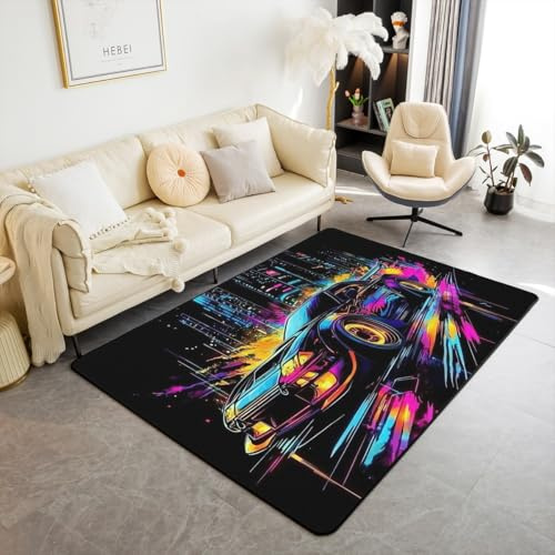 Loussiesd Rennwagen Teppich 100x150cm Speed Sportwagen Modern Teppich für Jungen Mädchen Teens Extreme Sport Wohnzimmerteppich Automobil Küchenteppich Zimmer Dekor Lila Schwarz