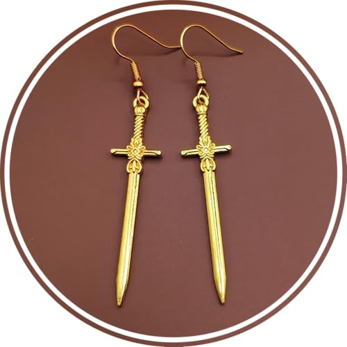 Schwert Ohrringe Gold Edelstahl Ohrhaken Mittelalter Fantasy Ohrhänger | Für Damen oder Herren, 5cm Länge, Wikinger Stil, Handgefertigt Fantasie Schmuck, Ideal für LARP & Cosplay, Mit Geschenkbox