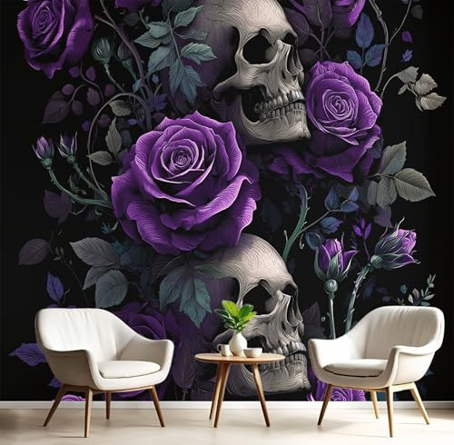 JEDTAKCT Ink Black Photo Wallpaper Gothic Purple Rose 59X 41 150X105Cm (W X H), Retro Skull Wall Art Wallpaper Mural Modern Design Living Room Bedroom Hallway Murals Wall Decoration
