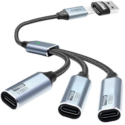 Duttek USB C Splitter 3 Port Cable, 3-In-1 USB C Male to Female Y Splitter Cable With 1 Convert Adapter, Support Transmission, Charging, OTG For Phones, Tablets, Bluetooth, PC(26CM)