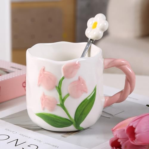 Hosoncovy 480ML Ceramic Stereo Tulip Coffee Mug with Spoon Tea Cup Drinking Mug with Handle (Pink)