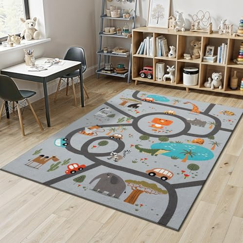 Mia´s Teppiche Joy Kids - Kinderzimmer, Kinderteppich, Spielteppich, Straßenteppich, Dschungel, Straße, Tiere, Grau, 160 x 220 cm