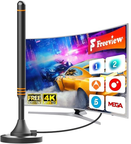 Antena TV Interior HD – Recepción 360°, Antena TDT Potente para Canales 4K/1080p, Base Magnética Estable, Fácil Instalación, Compatible con DVB-T2/DVB-T, Canales Gratis sin Cable