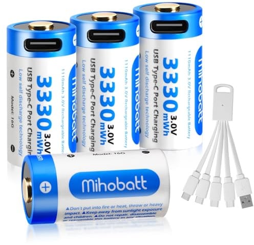 Mihobatt Confezione da 4 batterie agli ioni di litio da 3 V, 3330 mWh USB-C | Batterie di ricambio ricaricabili con connettore di tipo C, ideali per fotocamere Arlo, torce e altri dispositivi