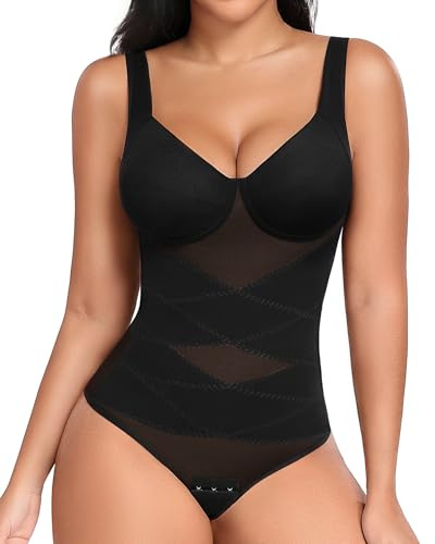 Niwicee Women's Seamless Shapewear Mesh Bodysuit Tummy Control Thong V Neck Body Shaper Waist Snatching Body Suit with Removable Pads Adjustable Straps (Black, XL)