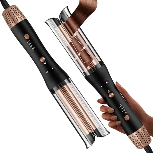 Kaltluft Lockenstab Automatisch – 32mm Beach Waves Curler, 4 Temperaturstufen (150–230°C), Anti-Verbrennungs, Automatischer Rotierender Lockenstab für Große & Kleine Locken, Roségold