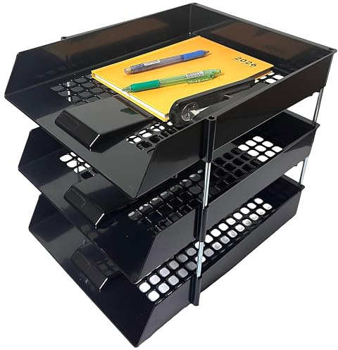 A4 Black Plastic Letter Trays with Risers – 3 trays Stackable Desk Document Organiser