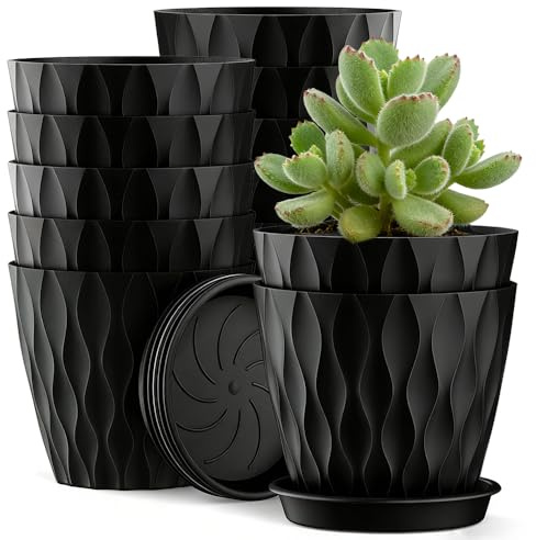 Gobesty 10CM Plant Pots, 12 Pack Plastic Flower Pots with Drainage Holes and Saucer, Wave Pattern Garden Plant Pots, Modern Decorative Small Planter Pot for Succulent and All House Plants (Black)