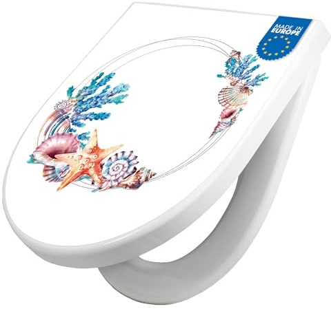 banjado WC Sitz mit Absenkautomatik D Form - Toilettendeckel mit Absenkautomatik D Form - Klodeckel Softclose - stabile Klobrille - Toilettensitz Weiß - Motiv Maritime Eleganz