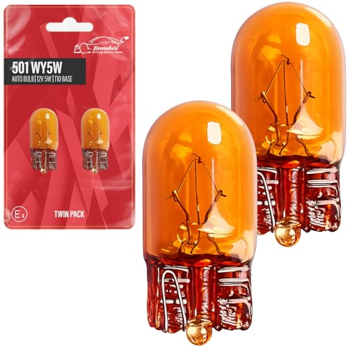 Xtremeauto 2x 501 WY5W Amber Bulbs – 12V 5W W2.1x9.5d Capless Indicator & Side Repeater Car Bulbs, Orange Wedge Light Twin Pack