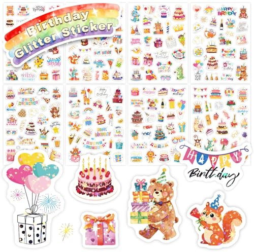 Sticker Geburtstag für Kinder - 8 PCS Glitzer Happy Birthday Aufkleber | Wasserdicht Glitzersticker, Scrapbooking, Fotoalbum, Party-Deko für Erwachsene & Kinder