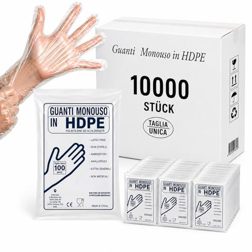 Einweghandschuhe HDPE Transparent 10000 Stück Lebensmittel Einmalhandschuhe | puderfrei, reißfest, Einmalhandschuhe, Friseurhandschuhe, Bäckerhandschuhe, Dieselhandschuhe, lebensmittelecht, Damen, Herren