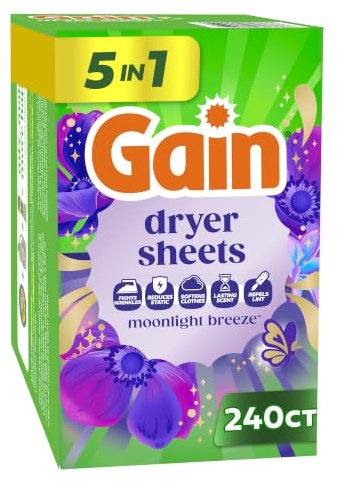 Gain Dryer Sheets Laundry Fabric Softener, Moonlight Breeze, 240 Count