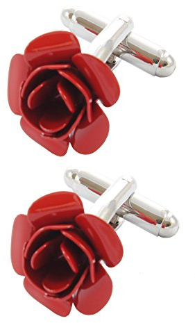 Boutons de Manchette Pour Homme Fleur Rouge - Avec Boîte - Rose - Laiton - Couleur Rouge - Rond Fleur Jardin Valentin Romance Amour - Une Paire
