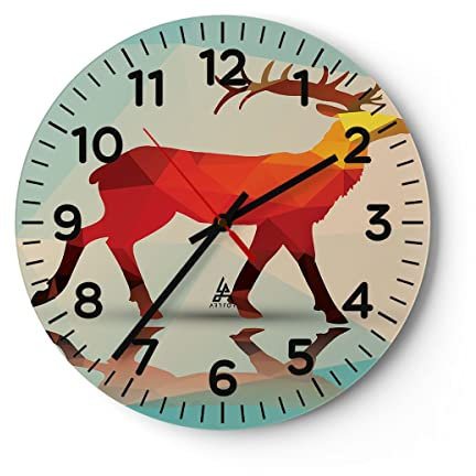 Modern Wanduhr Hirsch Illustration modern Grafik 30x30cm Rund Klein Wand Uhr Glas Analog Zimmeruhren Küche Büro Wohnzimmer Glasuhr Wall Clock Dekoration Design Wanddekoration Küchenuhr C4AR30x30-2811