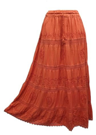 Doorwaytofashion Women Cotton Maxi Full Length Skirt Embroidered Boho Casual Festival Summer UK 10,12,14,16,18 Orange