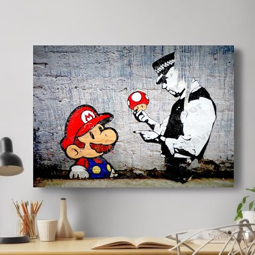 BANKSY Mario Cop Graffiti Stretched Canvas Wall Art Picture Print Gift For Magic Mushroom Fans Home Hotel Office Decoration (60x40 cm)