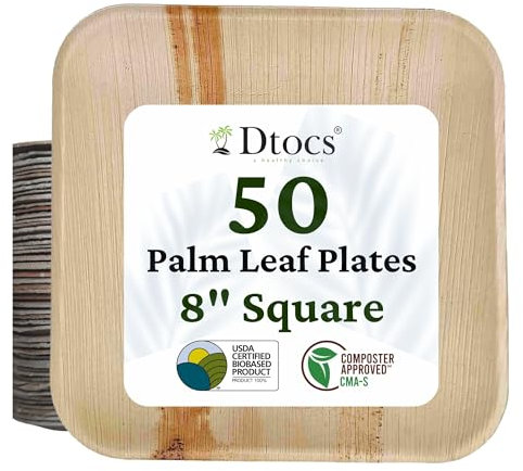 Dtocs Palm Leaf Plates 8 Inch Square - 50 Pack | Bamboo Plate Like Eco-Friendly Compostable Dinner Set for Weddings, Birthday Party | Biodegradable Than Plastic, Disposable Paper Plate