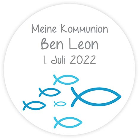 Aufkleber Fisch blau personalisiert für Kommunion, Konfirmation & Taufe - 24 Stück 4 cm
