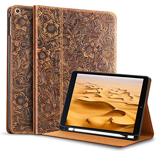 Gexmil Hülle für iPad 9./8./7. Generation 2021/2020/2019 10,2 Zoll Echt Leder Hülle mit Stylus Halter Anti-Fingerabdruck,Automatischer Schlaf/Aufwachen,Einstellbarer Ständer,Blume Braun