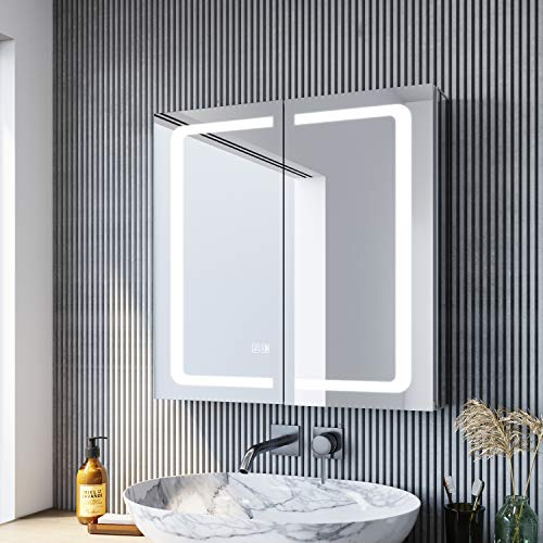 SONNI LED Spiegelschrank 65 × 65cm beschlagfrei Spiegelschrank mit Beleuchtung mit Steckdose Aluminum Badezimmerschrank mit Spiegel mit Touchschalter