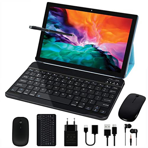 Tableta Android de 10 pulgadas con 4 GB RAM + 64 GB ROM, compatible con tarjetas SD de hasta 256 GB, WiFi | Bluetooth |5 MP + 8 MP | Certificación GMS, incluye ratón, teclado y funda protectora-Negro