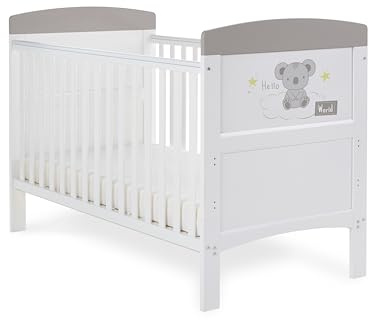 Obaby Grace Inspire Cot Bed - Hello World Koala Grey | Converts to Junior Bed, 3 Mattress Positions, Teething Rails