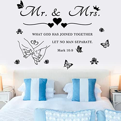 Mr. & Mrs. Wandaufkleber, Abziehen und Aufkleben, Hochzeit, Sprüche, Kunst, Schriftzug, Hände mit Herzen, romantische Wanddekoration, Hochzeitstag, Dekoration, Schlafzimmer, Wohnzimmer, Heimdekoration