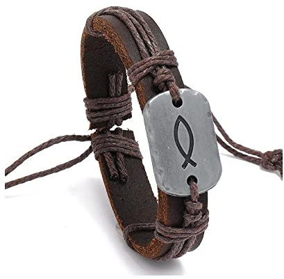 Sign of The Fish Men's Leather Wrap Bracelet Retro Braided Leather handmade Bracelet Adjustable for men, 10.6 inches, Leather, no gemstone